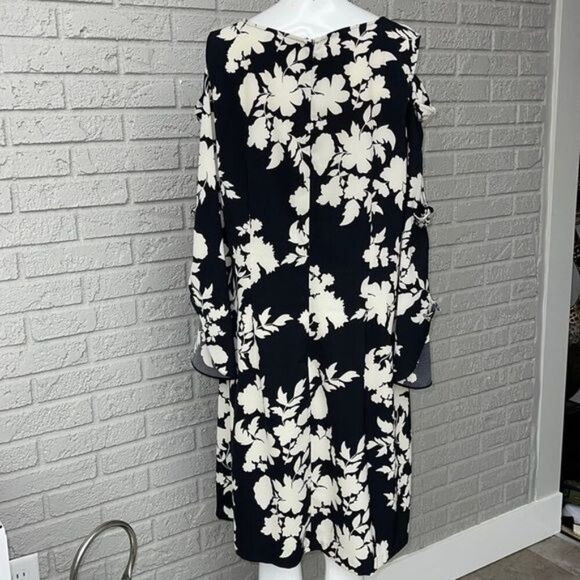 MSK Women Black & White Floral Bow Sleeve Dress Size 16 W - Picture 8 of 12